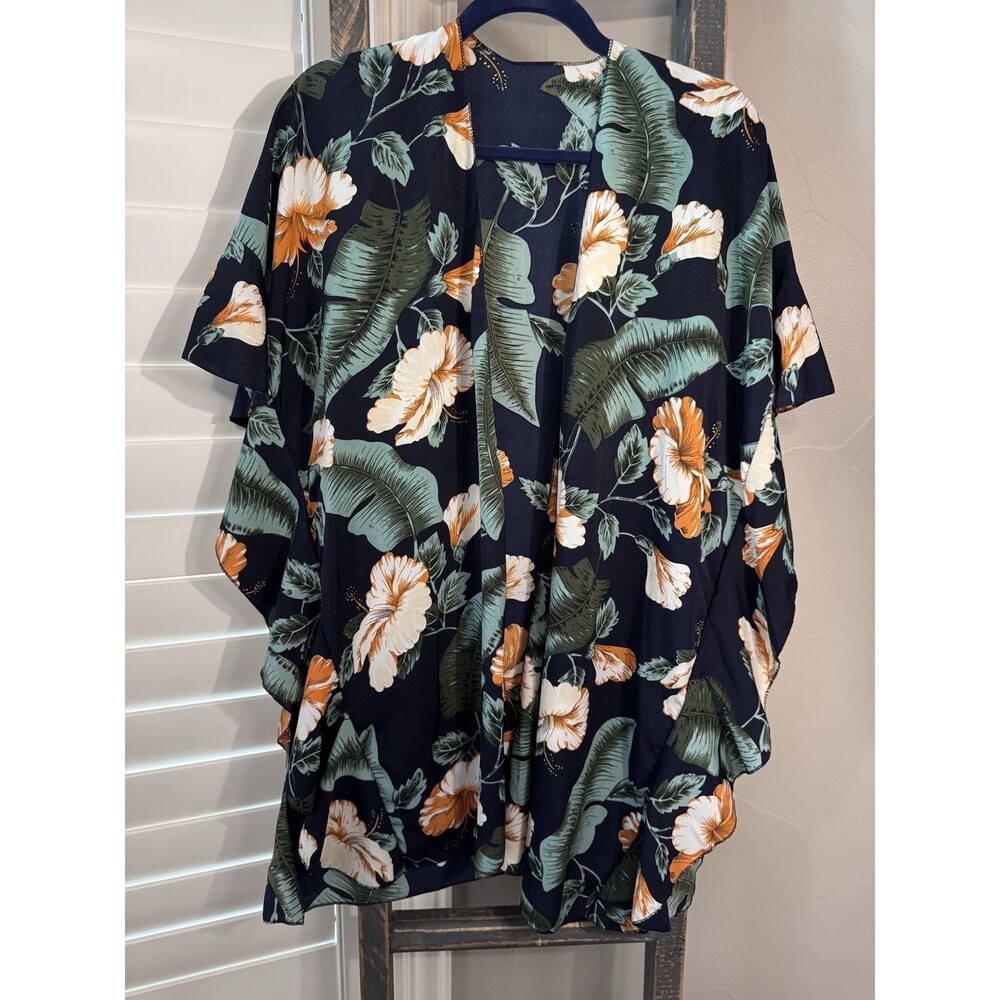 Tropical Print Lightweight Boho Kimono One Size Palm Leaf  Flowy Beachy
